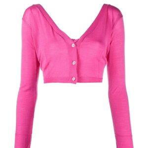 NWT Jacquemus Women's Soli Cropped Long Sleeved Wool Cardigan Top Bright Pink